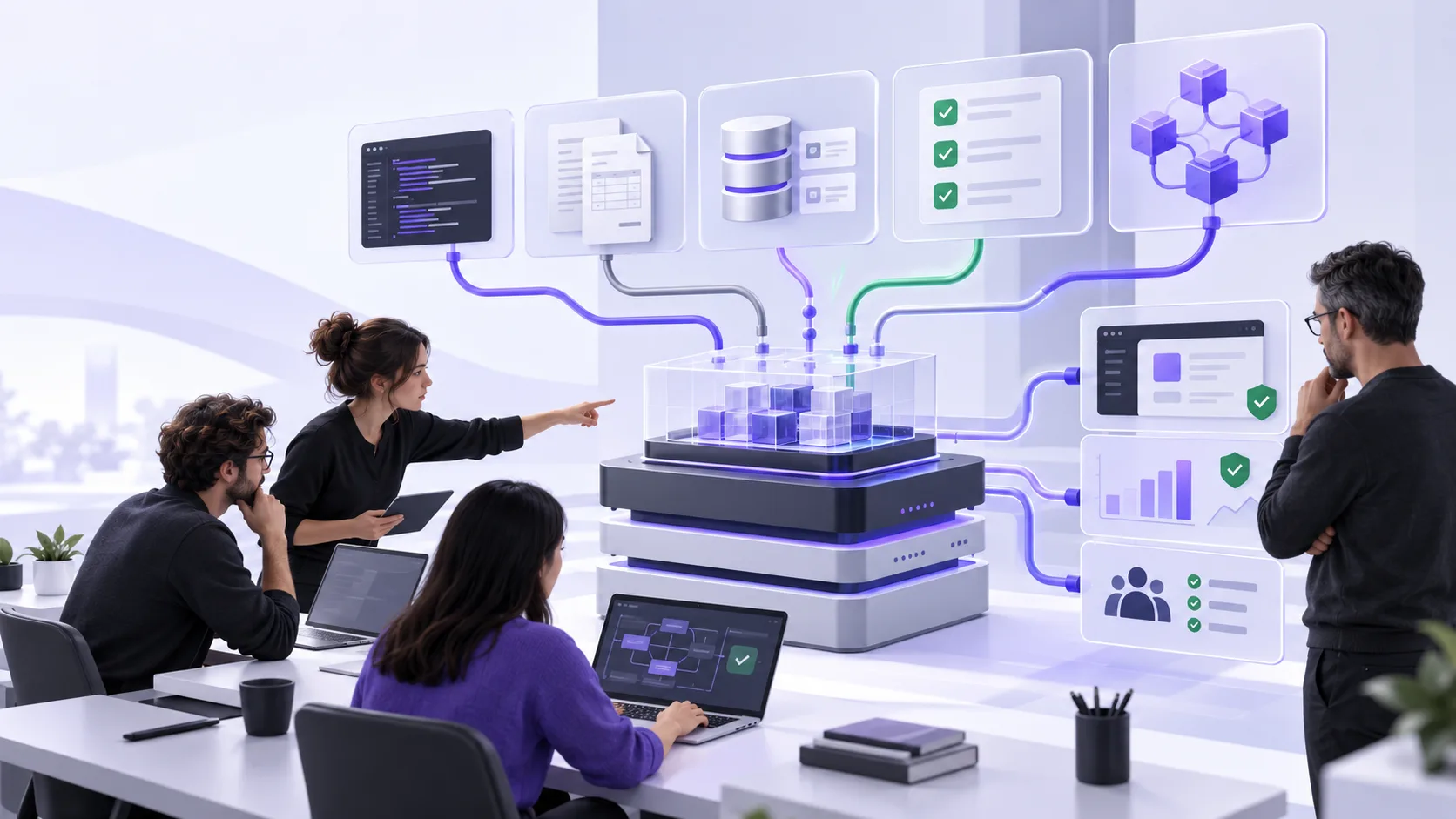 A development team integrating code, documents, data and validation with the help of artificial intelligence